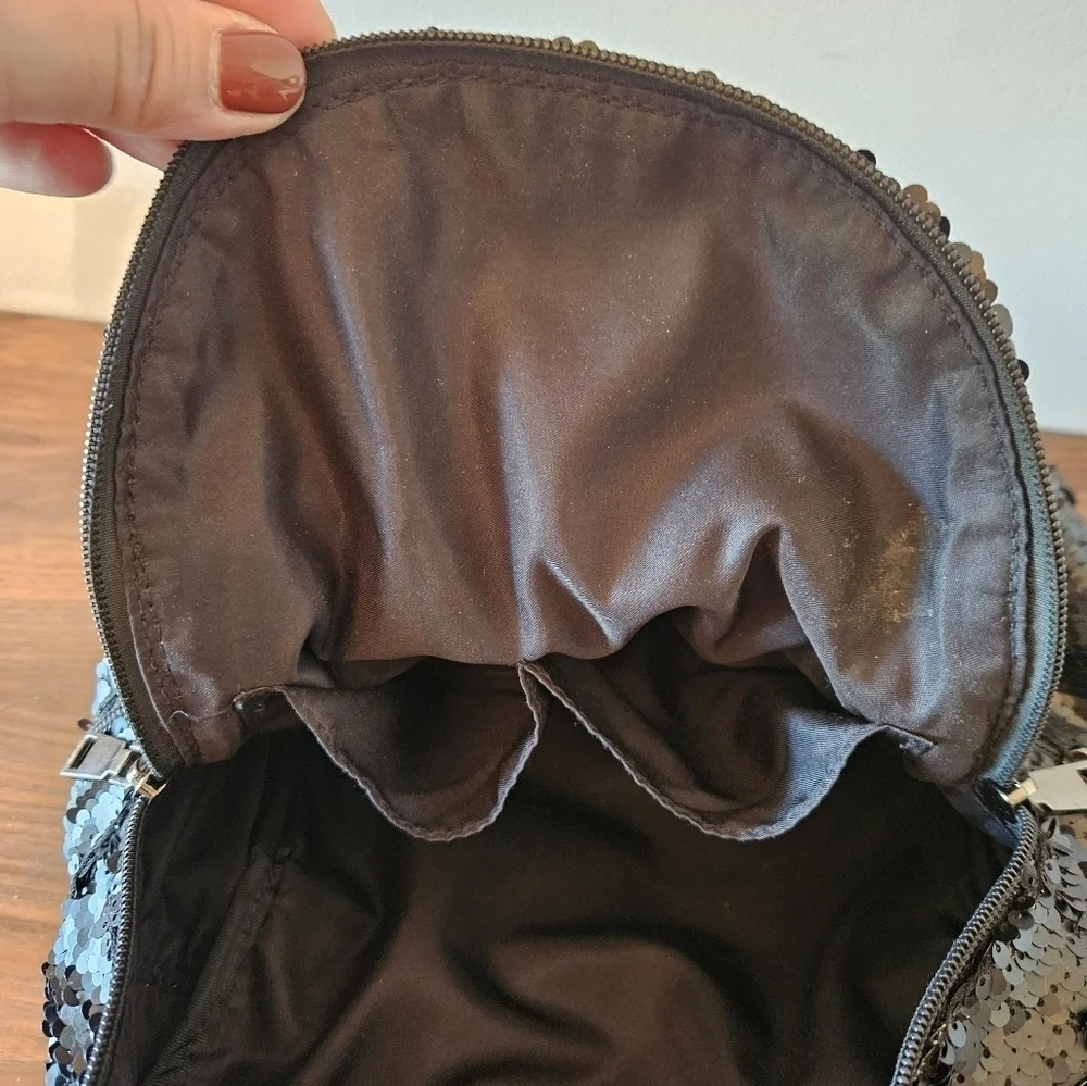 Black Sequined Faux Leather Small Backpack Adjustable Strap Silvertone Hardware